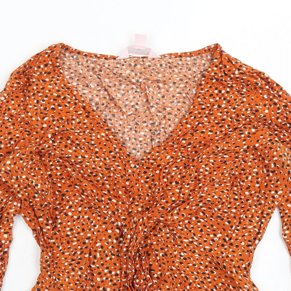 Miss Selfridge Womens Brown Animal Print Viscose Cropped Blouse Size 4 V-Neck - Flare sleeve