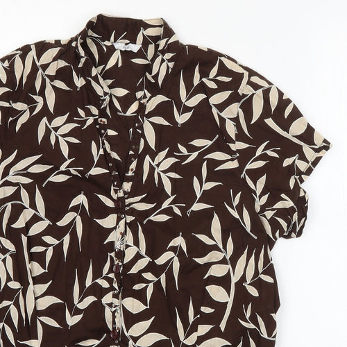 Evie Womens Brown Floral Cotton Basic Button-Up Size 12 V-Neck