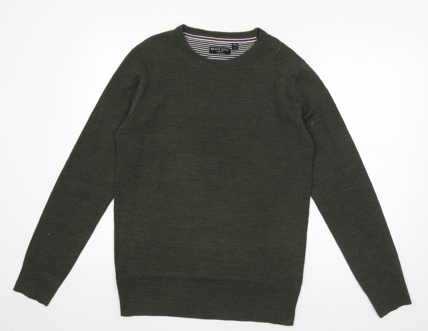 Brave Soul Mens Green V-Neck  Acrylic Pullover Jumper Size S