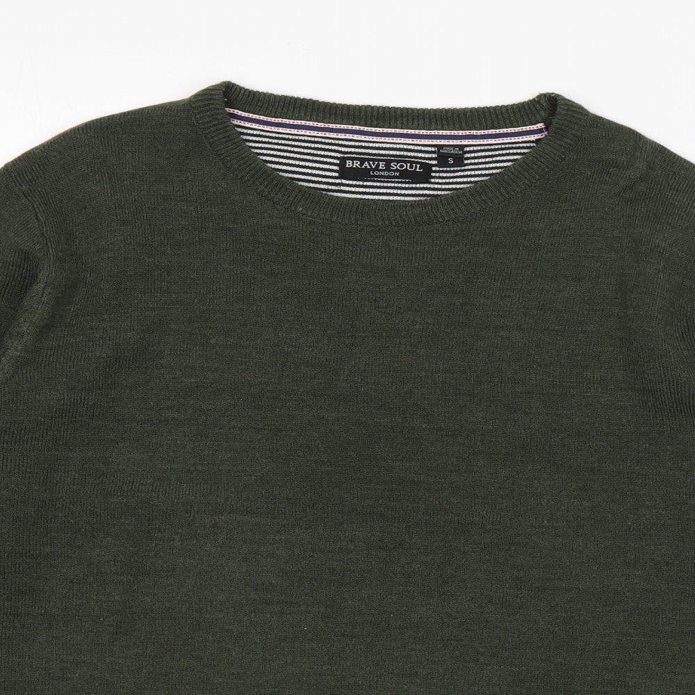 Brave Soul Mens Green V-Neck  Acrylic Pullover Jumper Size S