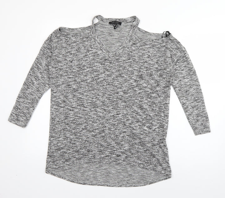 New Look Womens Grey  Polyester Basic T-Shirt Size S V-Neck - cut out shoulders