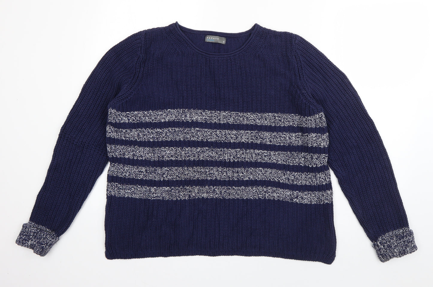 Papaya Womens Blue Round Neck Striped Cotton Pullover Jumper Size 12