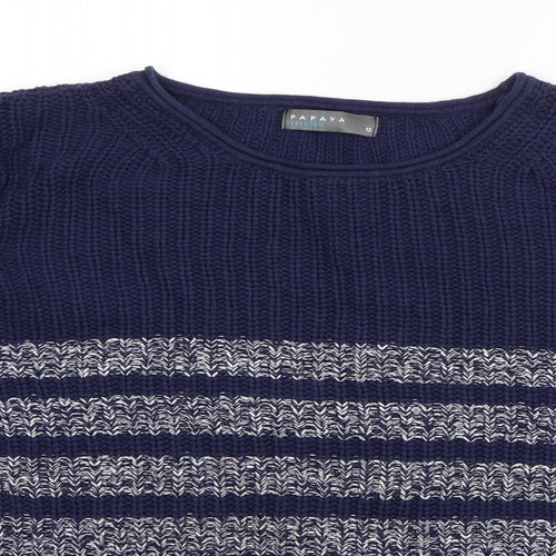 Papaya Womens Blue Round Neck Striped Cotton Pullover Jumper Size 12
