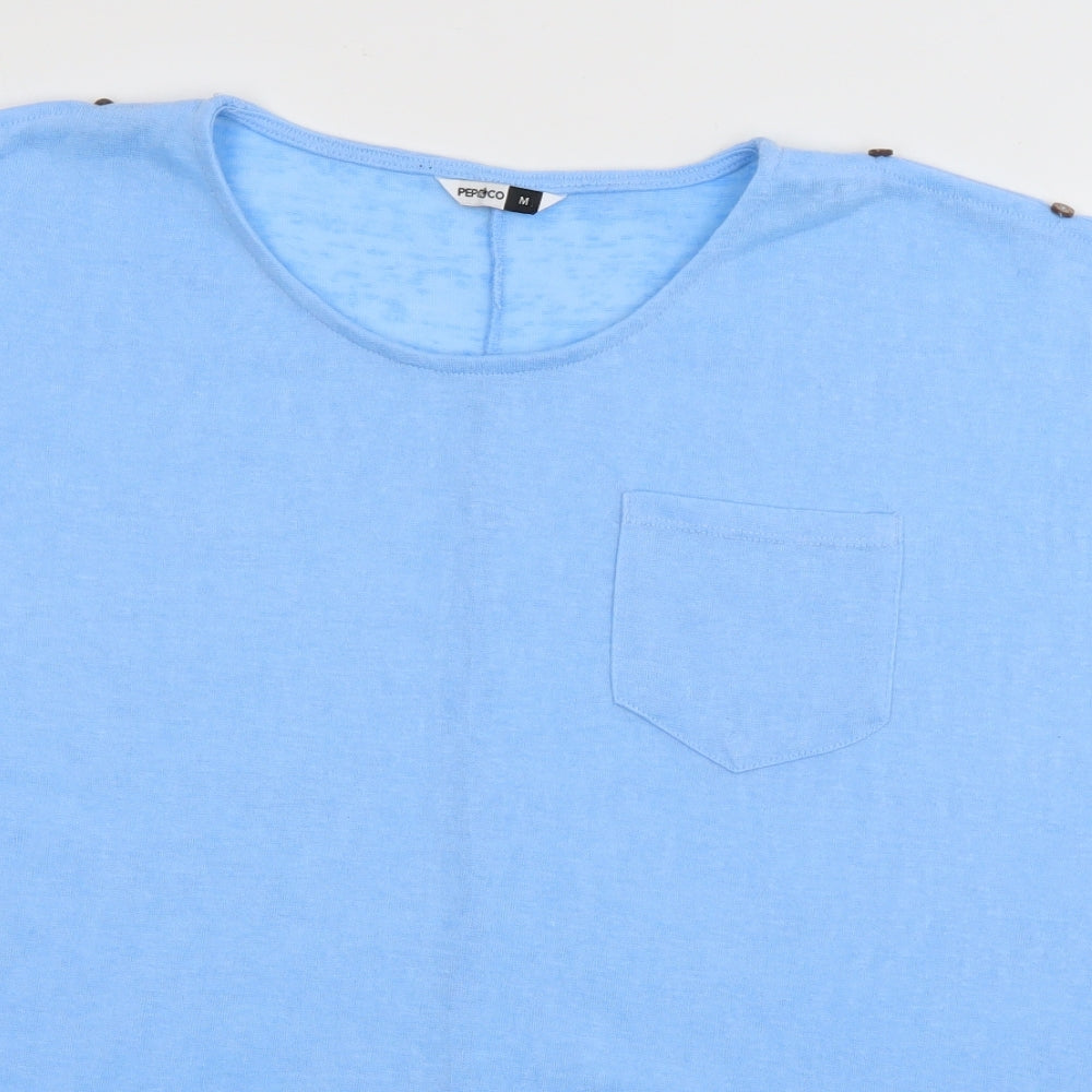 PEP & CO Womens Blue  Polyester Basic T-Shirt Size M Boat Neck
