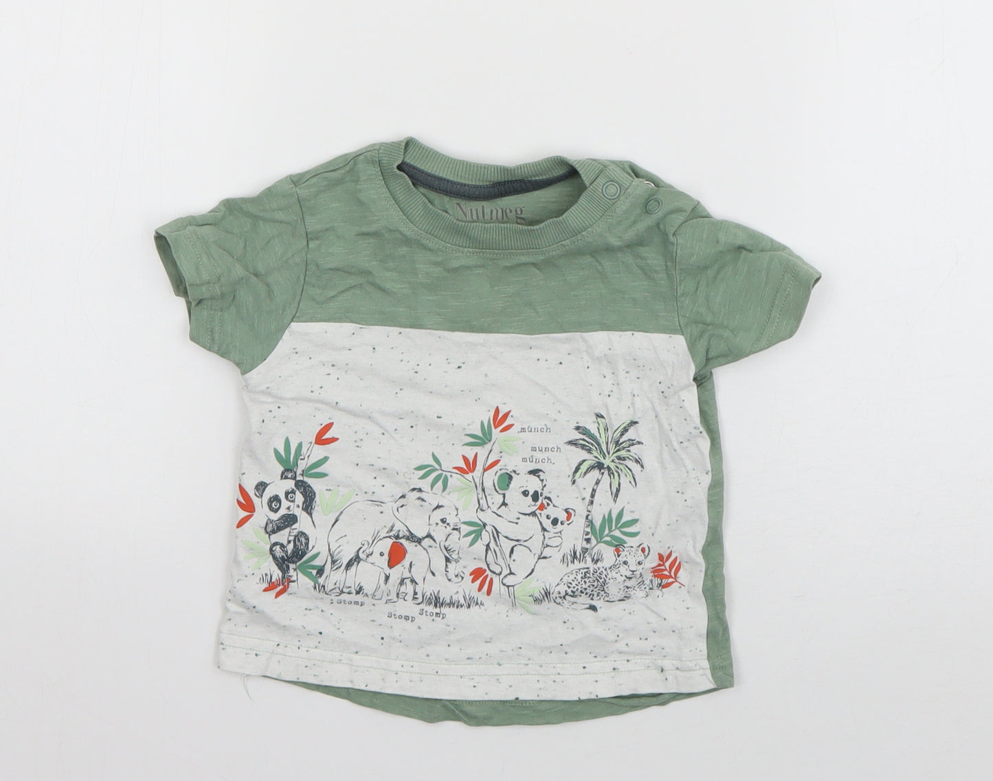 Nutmeg Boys Green  Cotton Basic T-Shirt Size 12-18 Months Round Neck Pullover - Animals