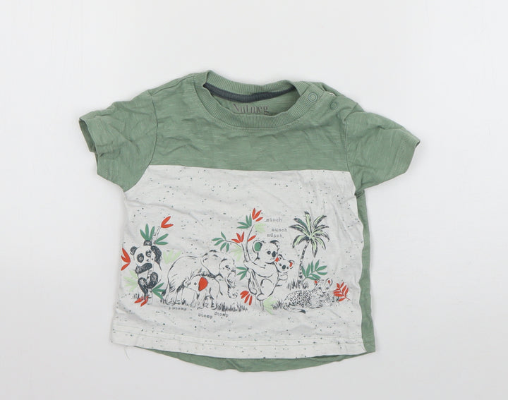Nutmeg Boys Green  Cotton Basic T-Shirt Size 12-18 Months Round Neck Pullover - Animals