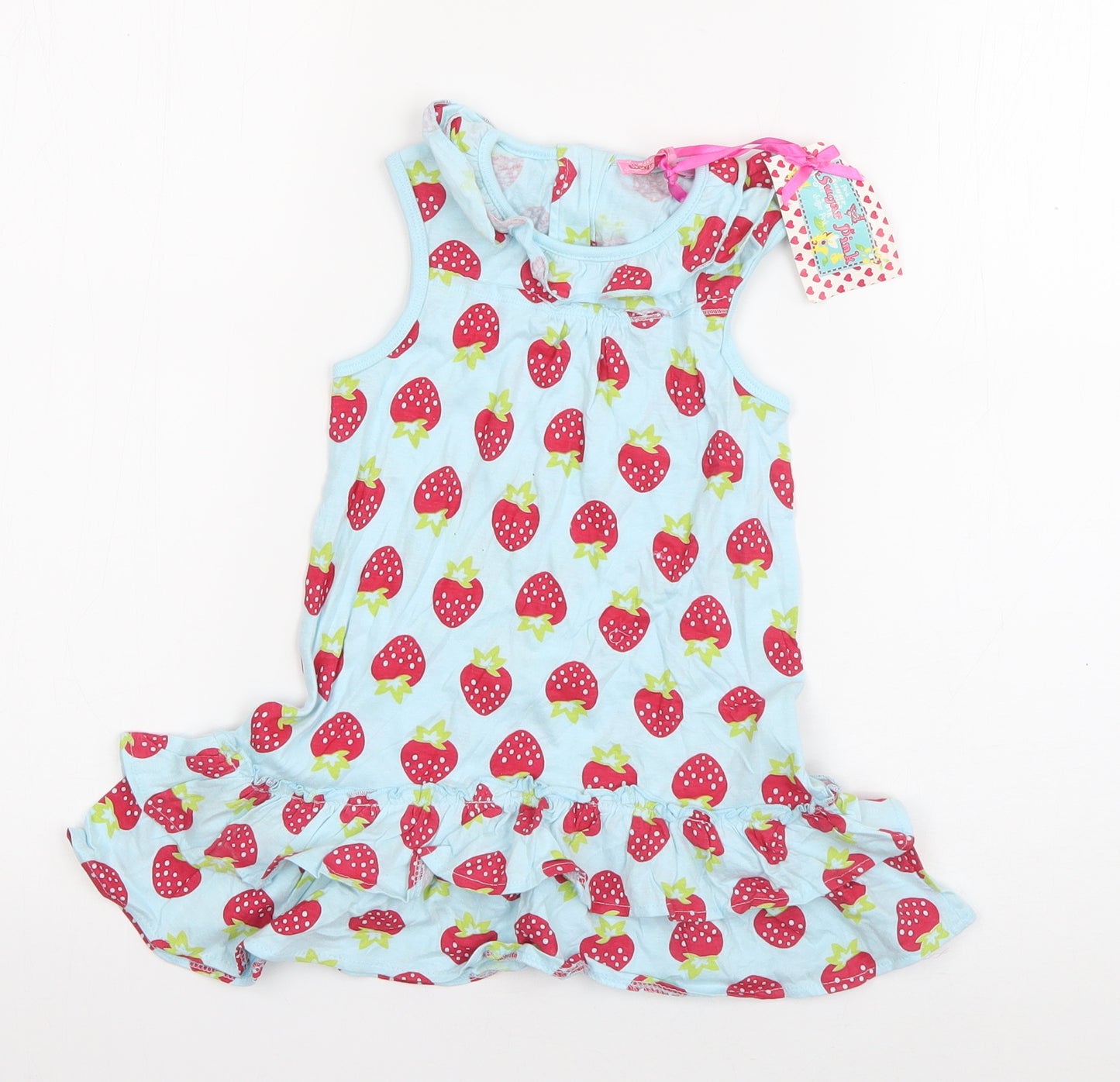 Sugar Pink Girls Blue Geometric Cotton Tank Dress  Size 18-24 Months  Round Neck Pullover - Strawberry Print