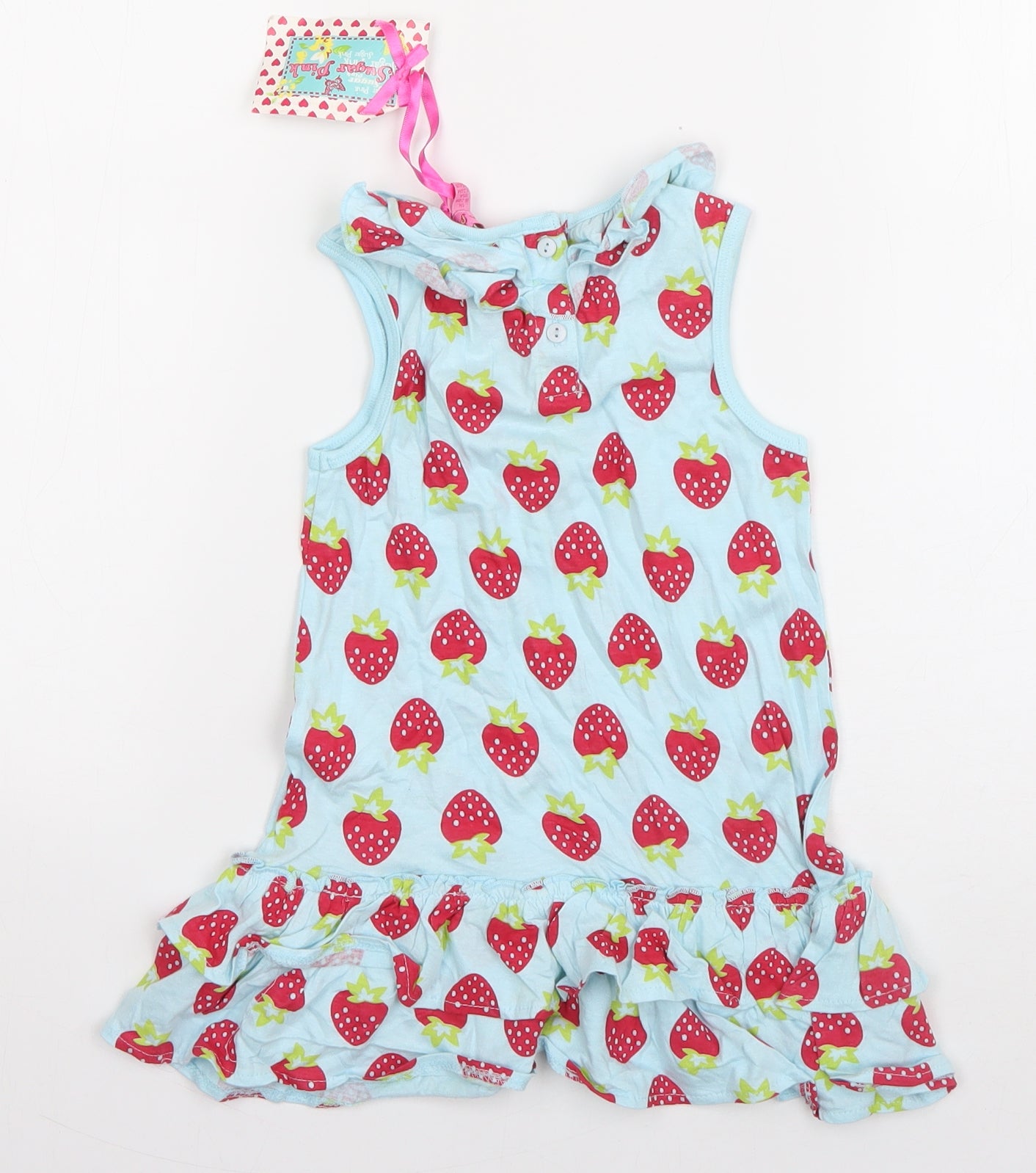 Sugar Pink Girls Blue Geometric Cotton Tank Dress  Size 18-24 Months  Round Neck Pullover - Strawberry Print