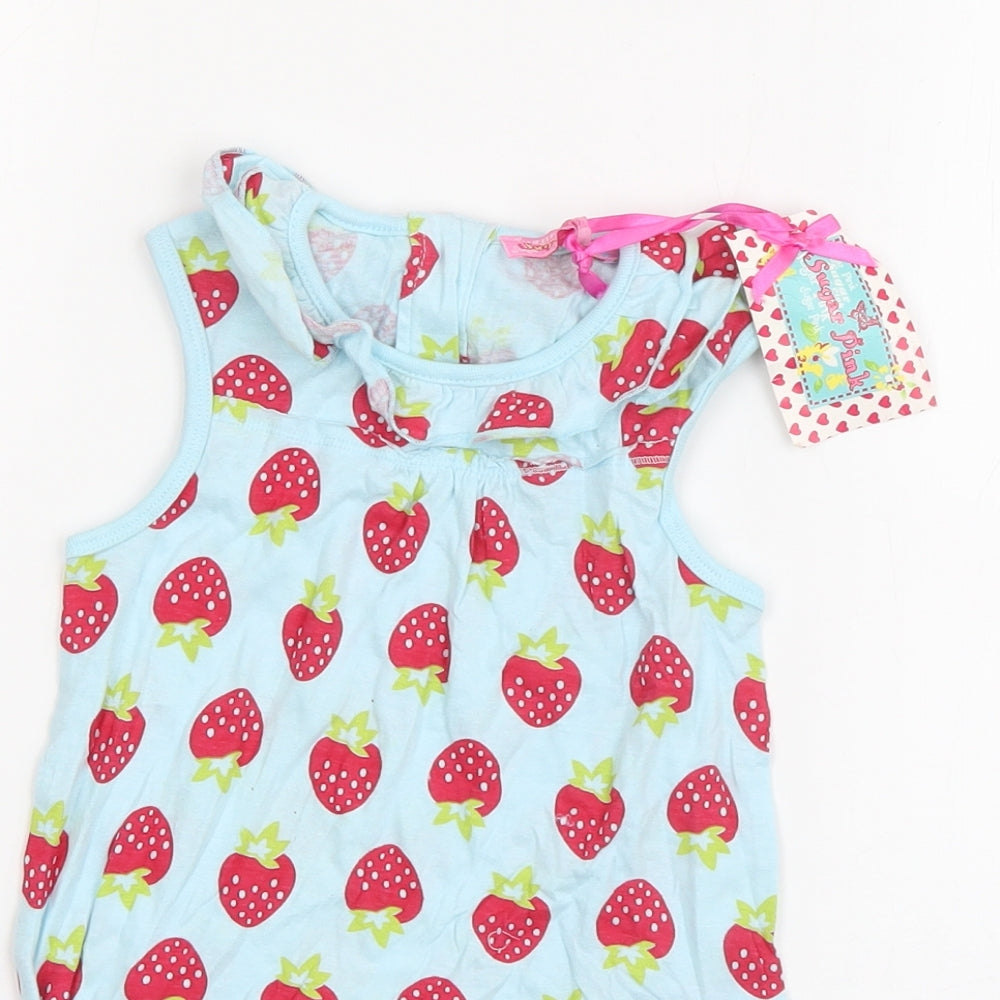 Sugar Pink Girls Blue Geometric Cotton Tank Dress  Size 18-24 Months  Round Neck Pullover - Strawberry Print