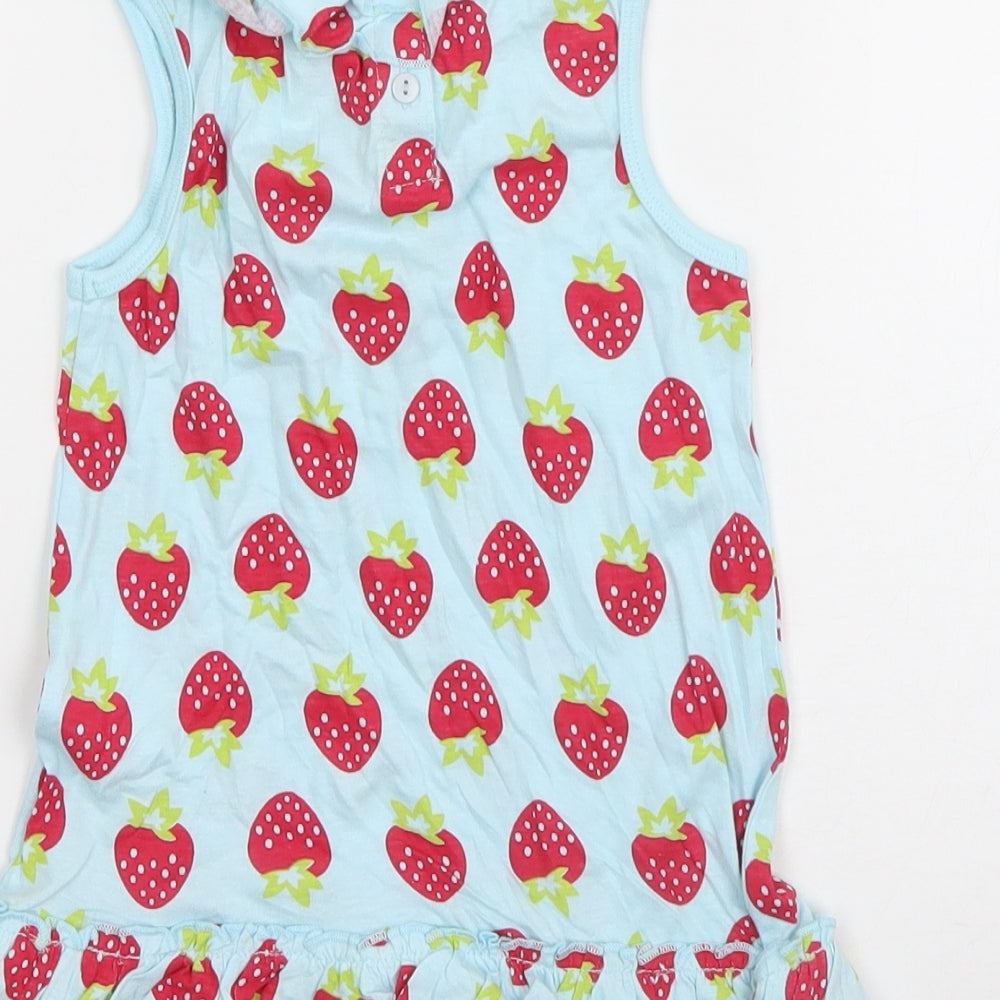Sugar Pink Girls Blue Geometric Cotton Tank Dress  Size 18-24 Months  Round Neck Pullover - Strawberry Print