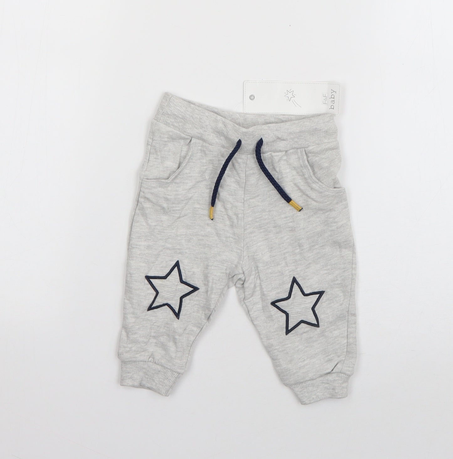 F&F Boys Grey  Cotton Jogger Trousers Size 3-6 Months  Drawstring - Star