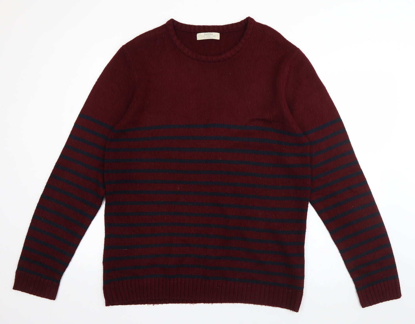 Bershka Mens Red Round Neck Striped Acrylic Pullover Jumper Size XL