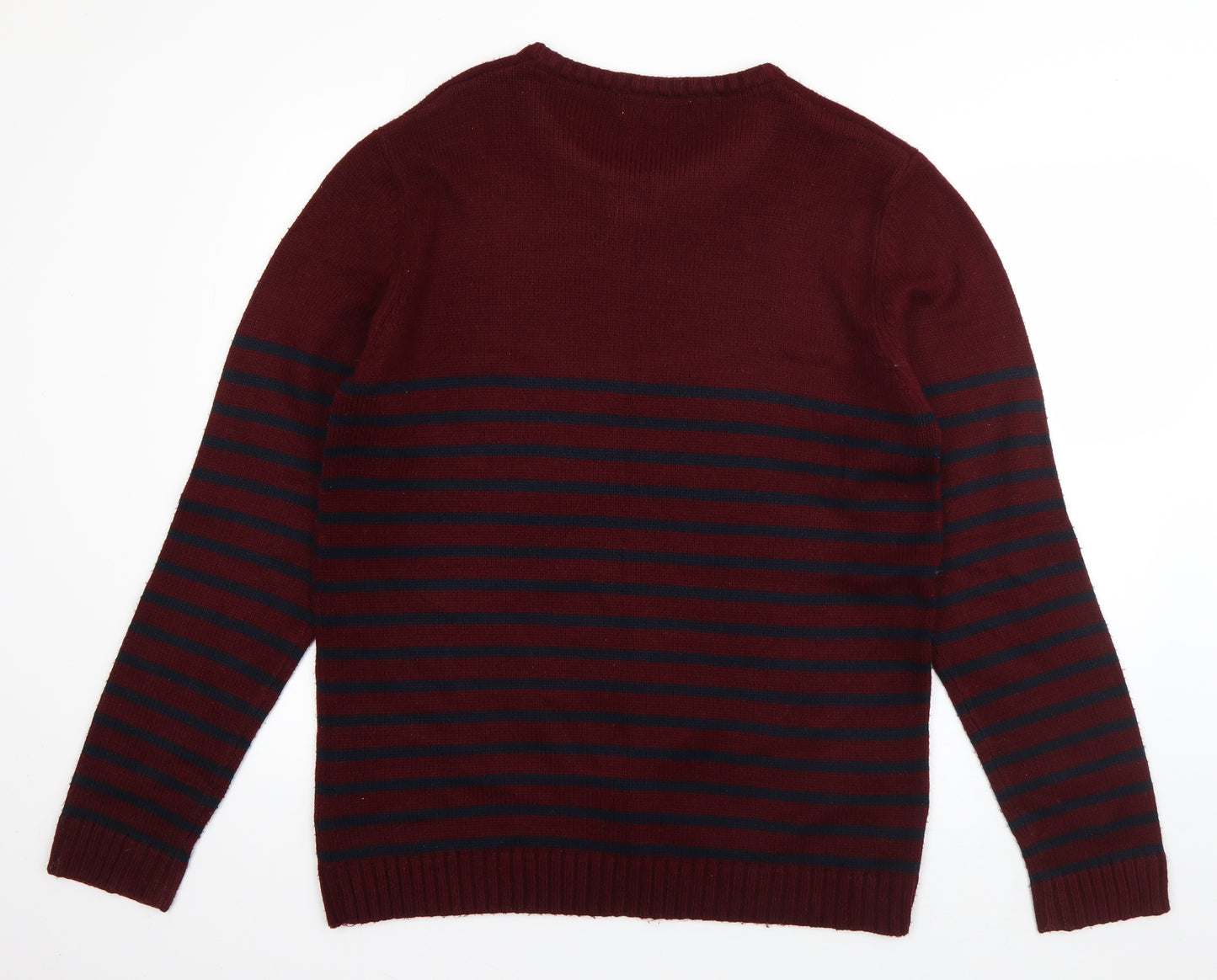 Bershka Mens Red Round Neck Striped Acrylic Pullover Jumper Size XL