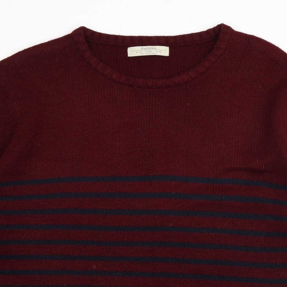 Bershka Mens Red Round Neck Striped Acrylic Pullover Jumper Size XL
