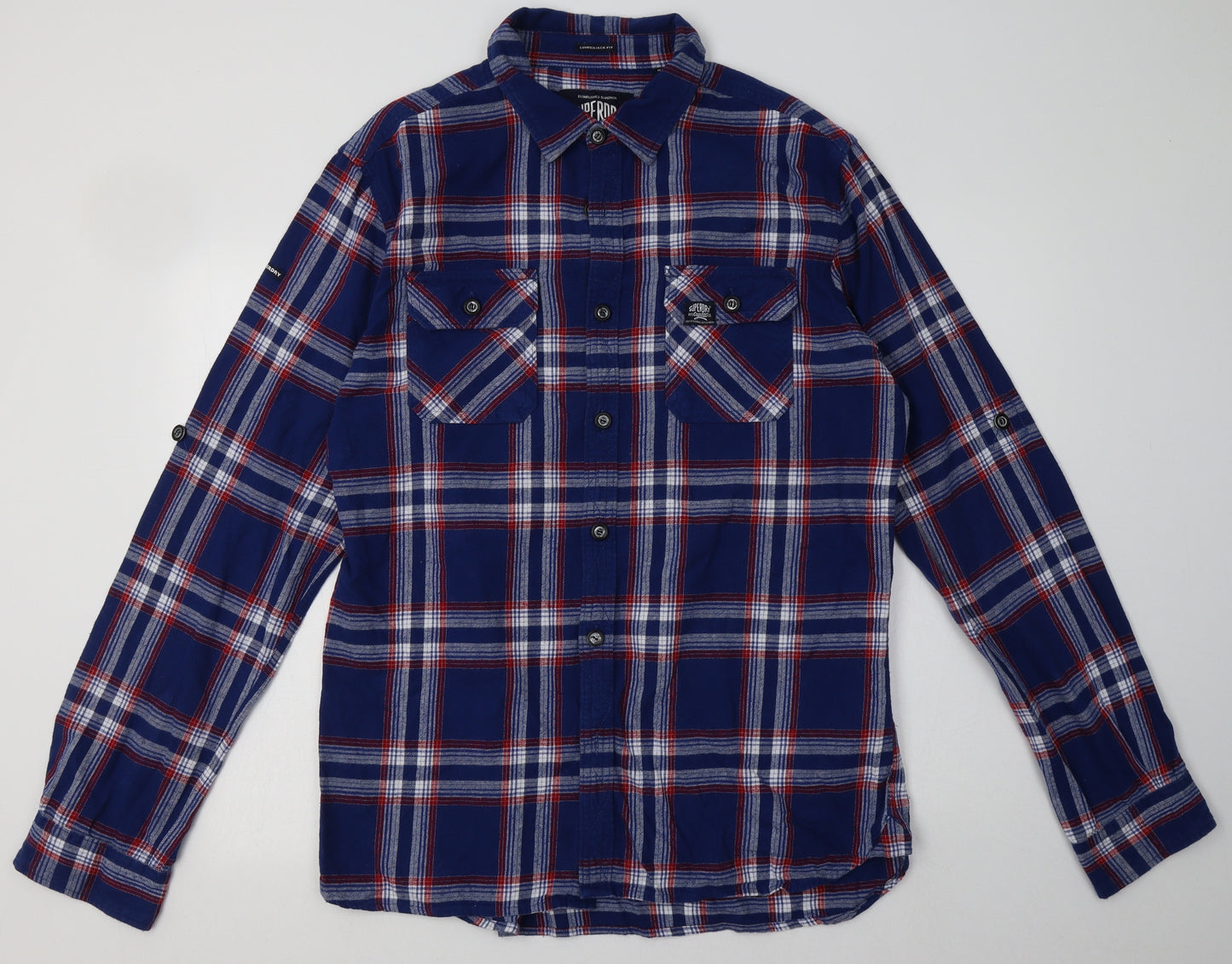 Superdry Mens Blue Check Cotton  Button-Up Size 2XL Collared Button