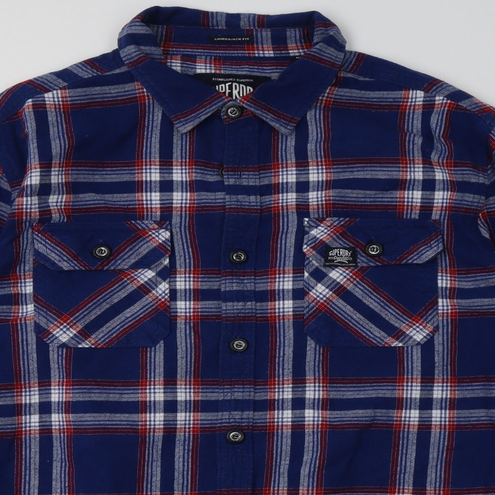 Superdry Mens Blue Check Cotton  Button-Up Size 2XL Collared Button