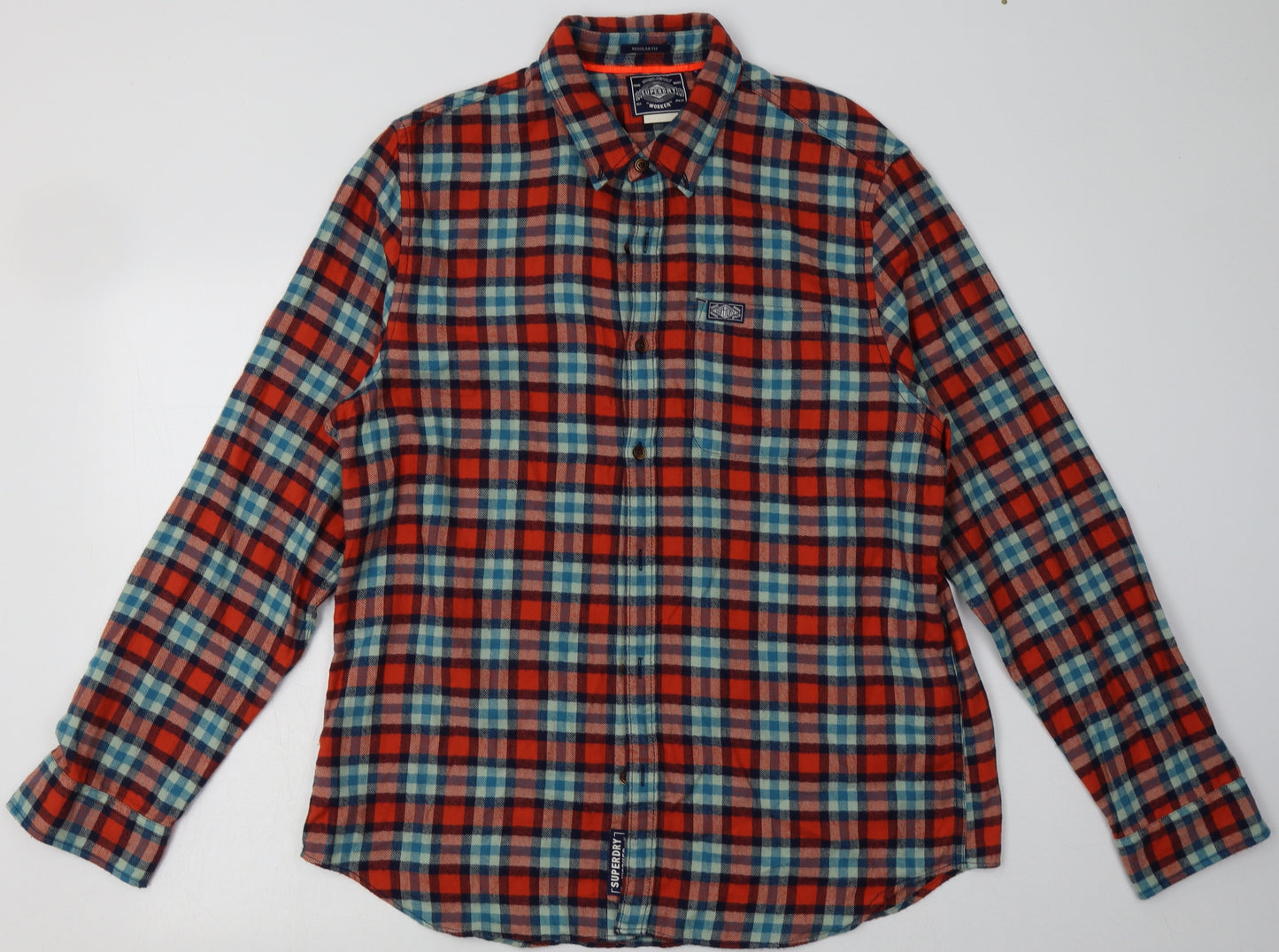 Superdry Mens Orange Check Cotton  Button-Up Size 2XL Collared Button