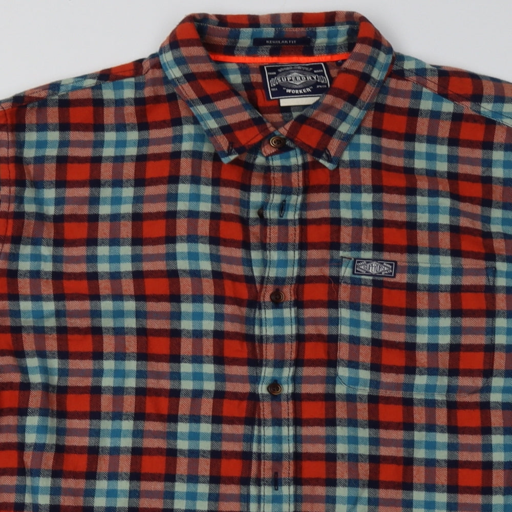 Superdry Mens Orange Check Cotton  Button-Up Size 2XL Collared Button