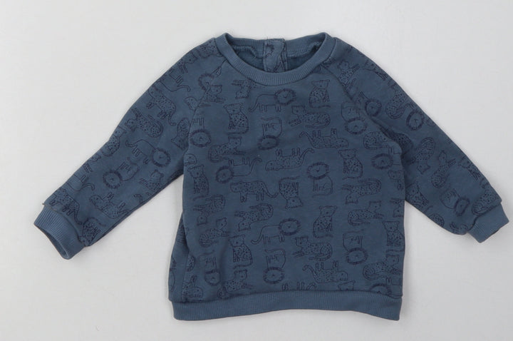 Matalan Boys Blue Animal Print Cotton Basic Casual Size 3-6 Months Crew Neck Button - zoo animals