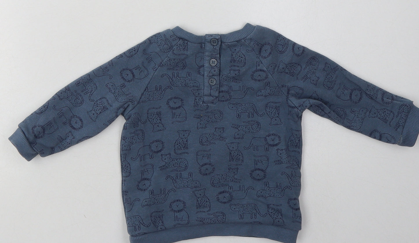 Matalan Boys Blue Animal Print Cotton Basic Casual Size 3-6 Months Crew Neck Button - zoo animals
