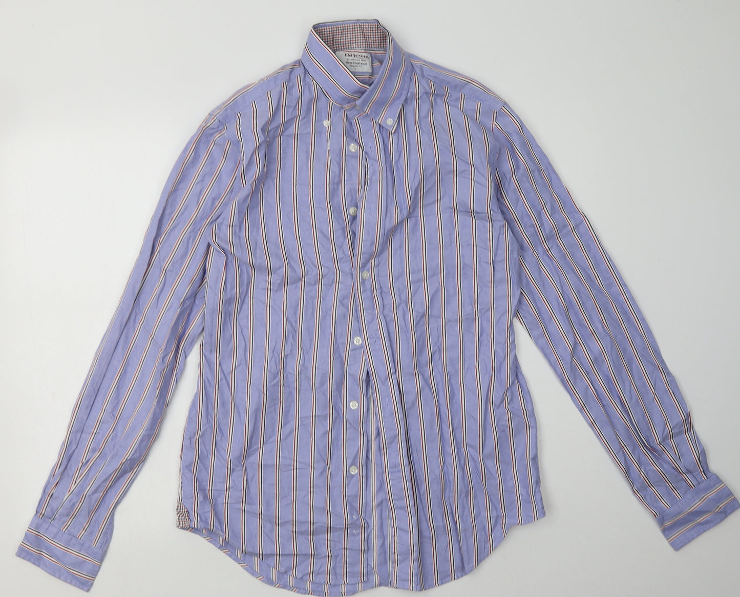 T.M.Lewin Mens Blue Striped Cotton  Button-Up Size S Collared Button