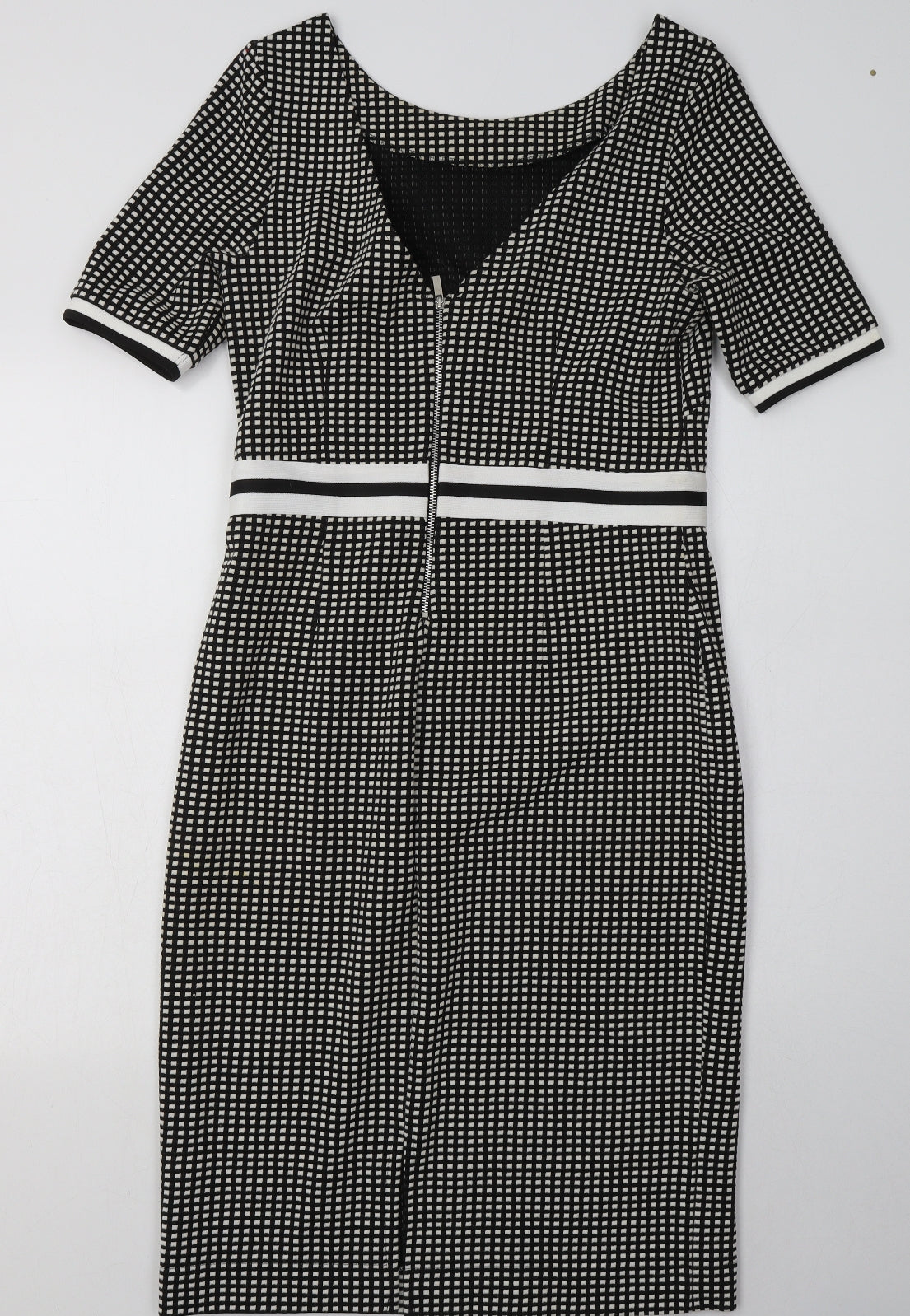 NEXT Womens White Check Polyester Pencil Dress  Size 12  V-Neck Zip