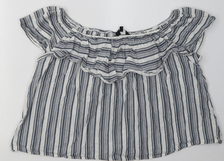 New Look Womens Grey Striped Cotton Basic Blouse Size 16 Off the Shoulder