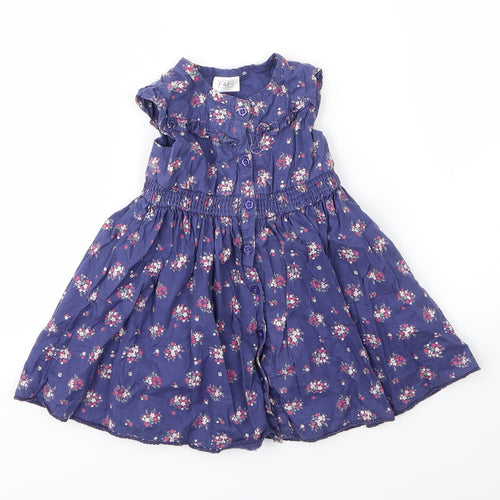 F&F Girls Blue Floral Cotton A-Line  Size 6-9 Months  Round Neck Button