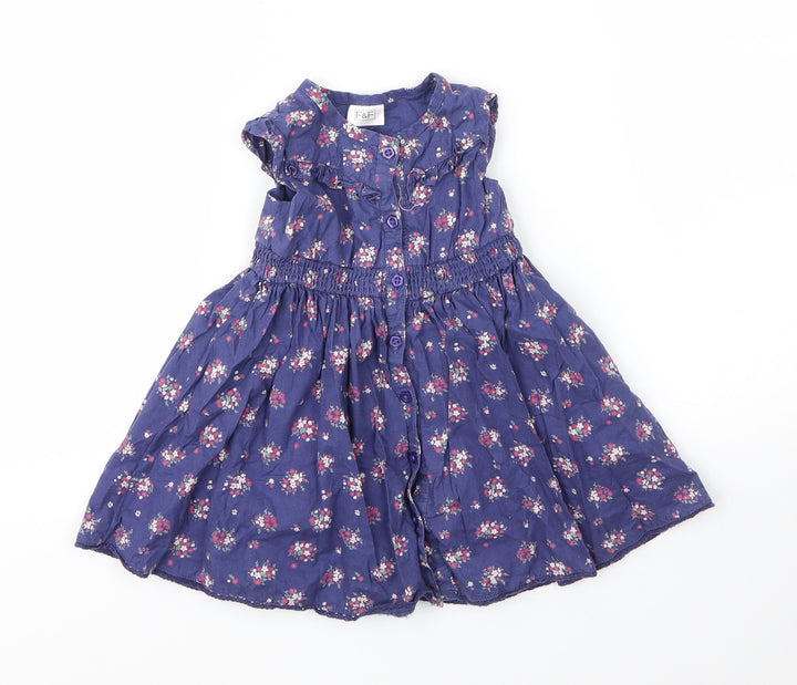 F&F Girls Blue Floral Cotton A-Line  Size 6-9 Months  Round Neck Button