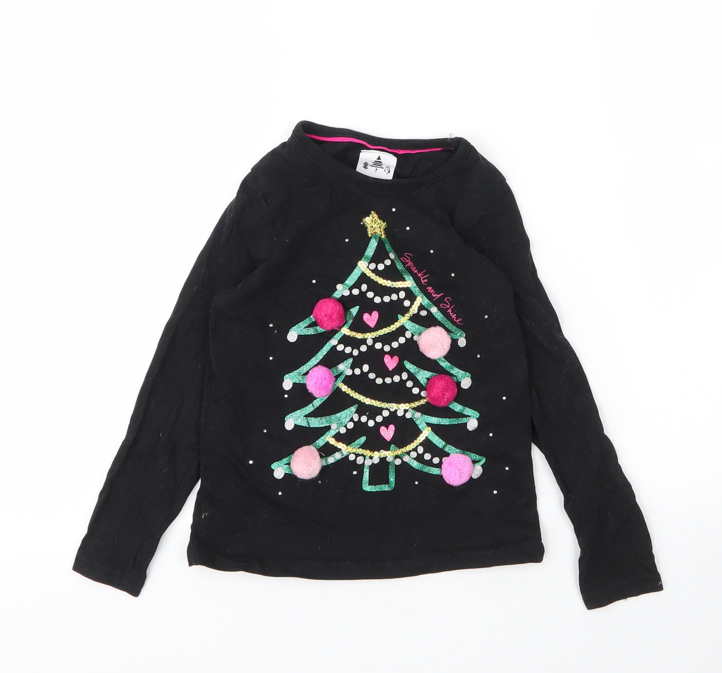 George Girls Black  Cotton Basic T-Shirt Size 5 Years Round Neck  - Christmas