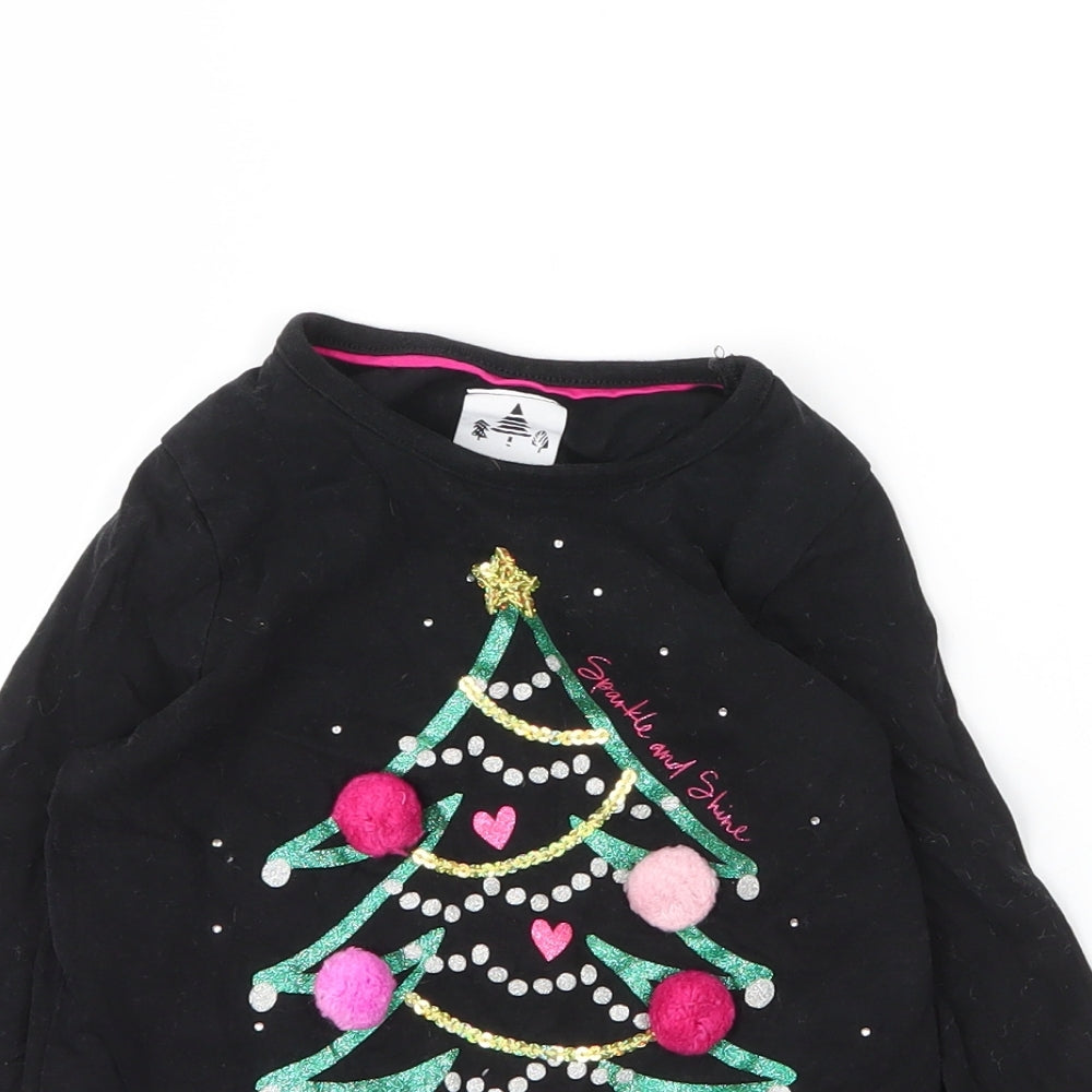 George Girls Black  Cotton Basic T-Shirt Size 5 Years Round Neck  - Christmas
