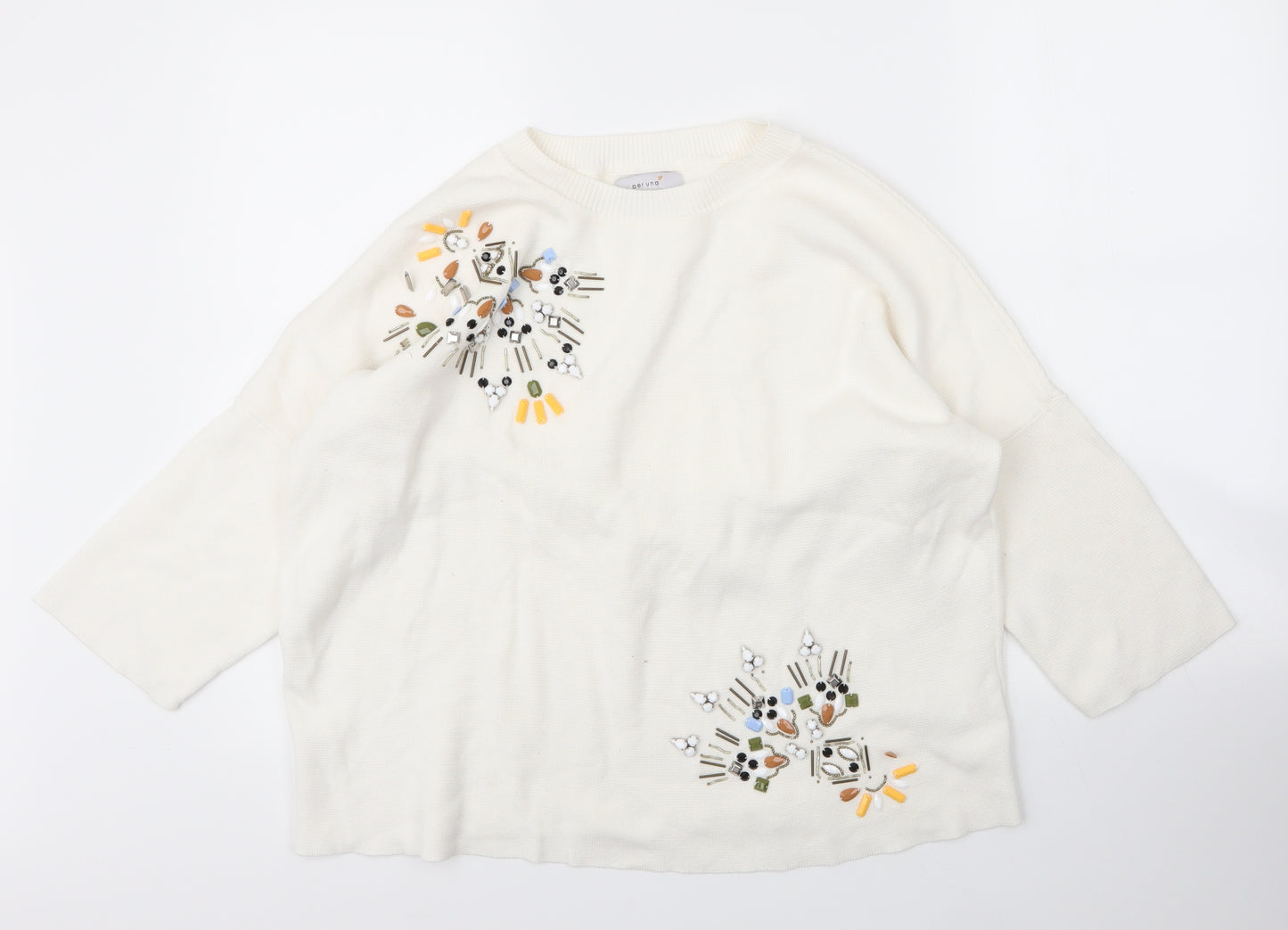 M&S Womens White Round Neck Floral Cotton Pullover Jumper Size 14
