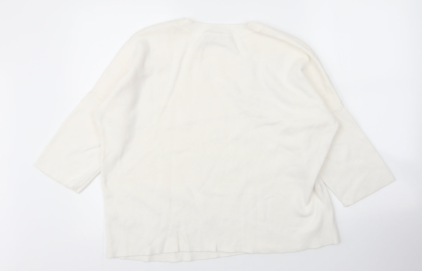 M&S Womens White Round Neck Floral Cotton Pullover Jumper Size 14