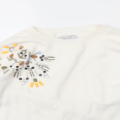 M&S Womens White Round Neck Floral Cotton Pullover Jumper Size 14