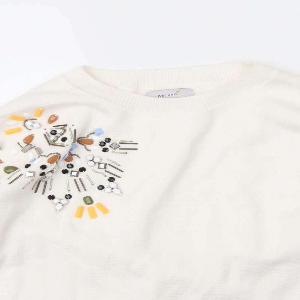 M&S Womens White Round Neck Floral Cotton Pullover Jumper Size 14
