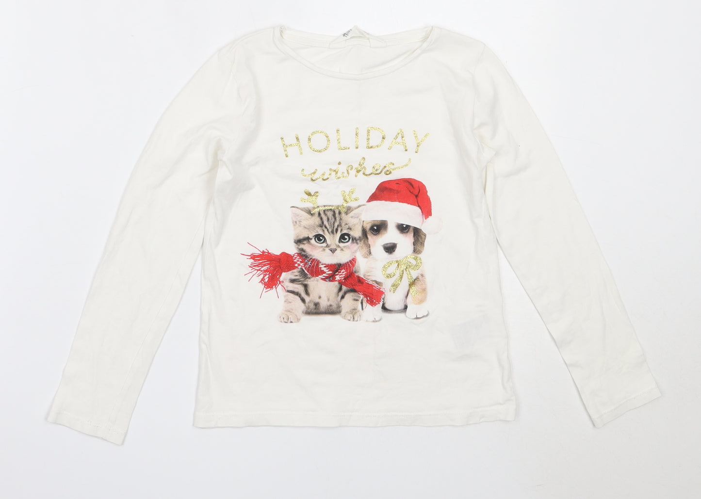 H&M Girls White  Cotton Basic T-Shirt Size 7-8 Years Round Neck  - christmas