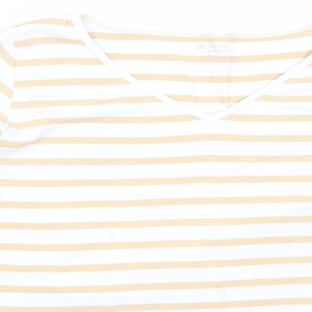 U Collection Womens Ivory Striped Cotton Basic T-Shirt Size 18 V-Neck