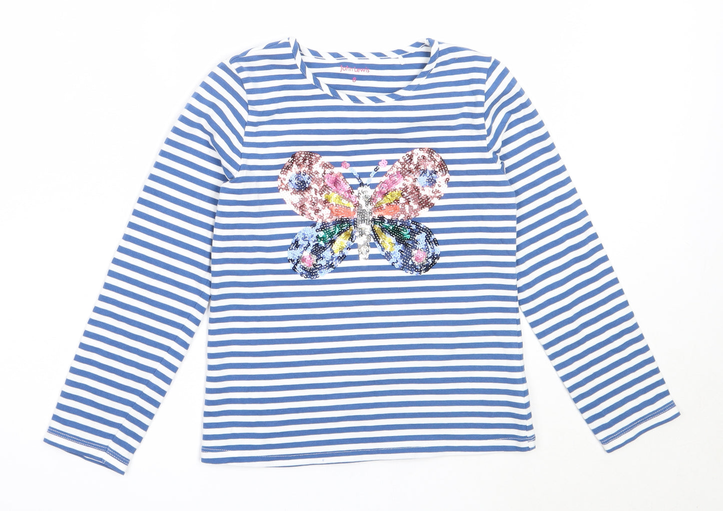 John Lewis Girls Blue Striped Cotton Basic T-Shirt Size 8 Years Round Neck