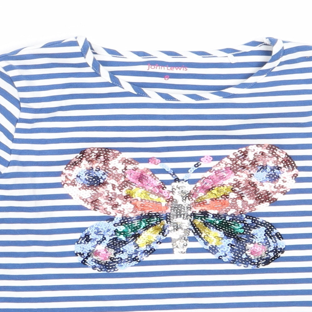 John Lewis Girls Blue Striped Cotton Basic T-Shirt Size 8 Years Round Neck