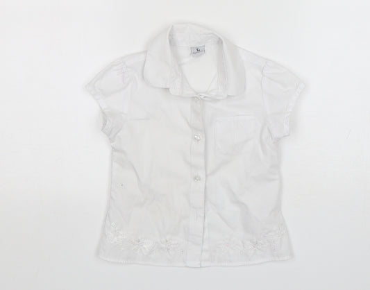 Front view of Tu girls’ white polyester basic button-up, size 4, years collared - school wear