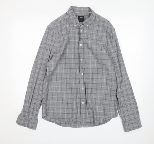 Front view of Burton men’s grey check cotton button-up, size M, collared