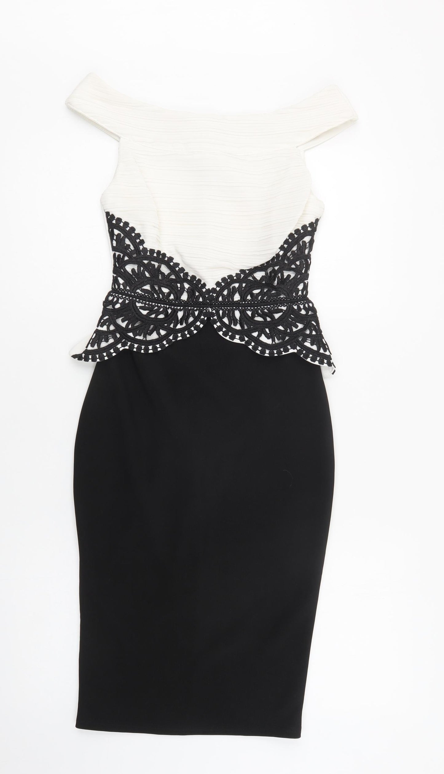 Lipsy London Womens Black Colourblock Polyester Bodycon  Size 6  Boat Neck Zip - Lace Detail