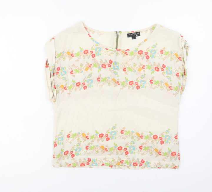 Topshop Womens Ivory Floral Viscose Basic Blouse Size 6 Round Neck