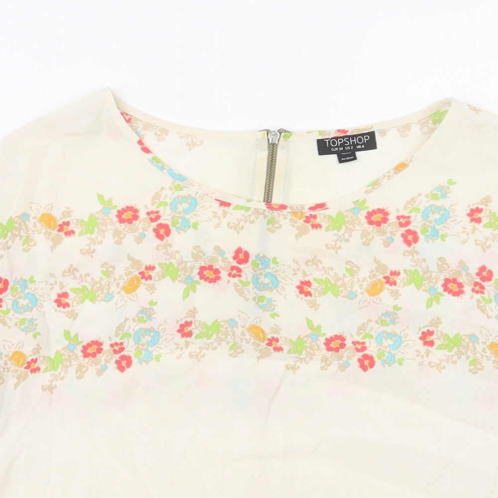 Topshop Womens Ivory Floral Viscose Basic Blouse Size 6 Round Neck