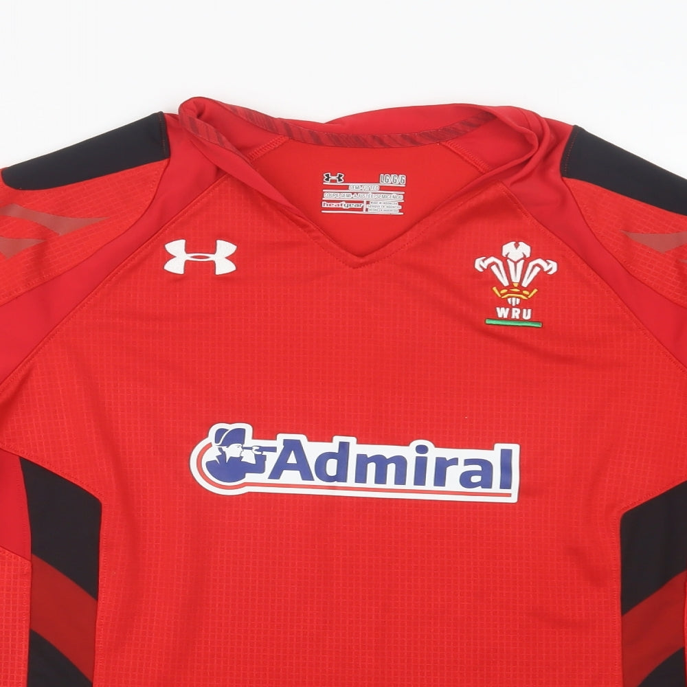 Under armour Mens Red Geometric Polyester  T-Shirt Size L V-Neck  - Welsh Rugby