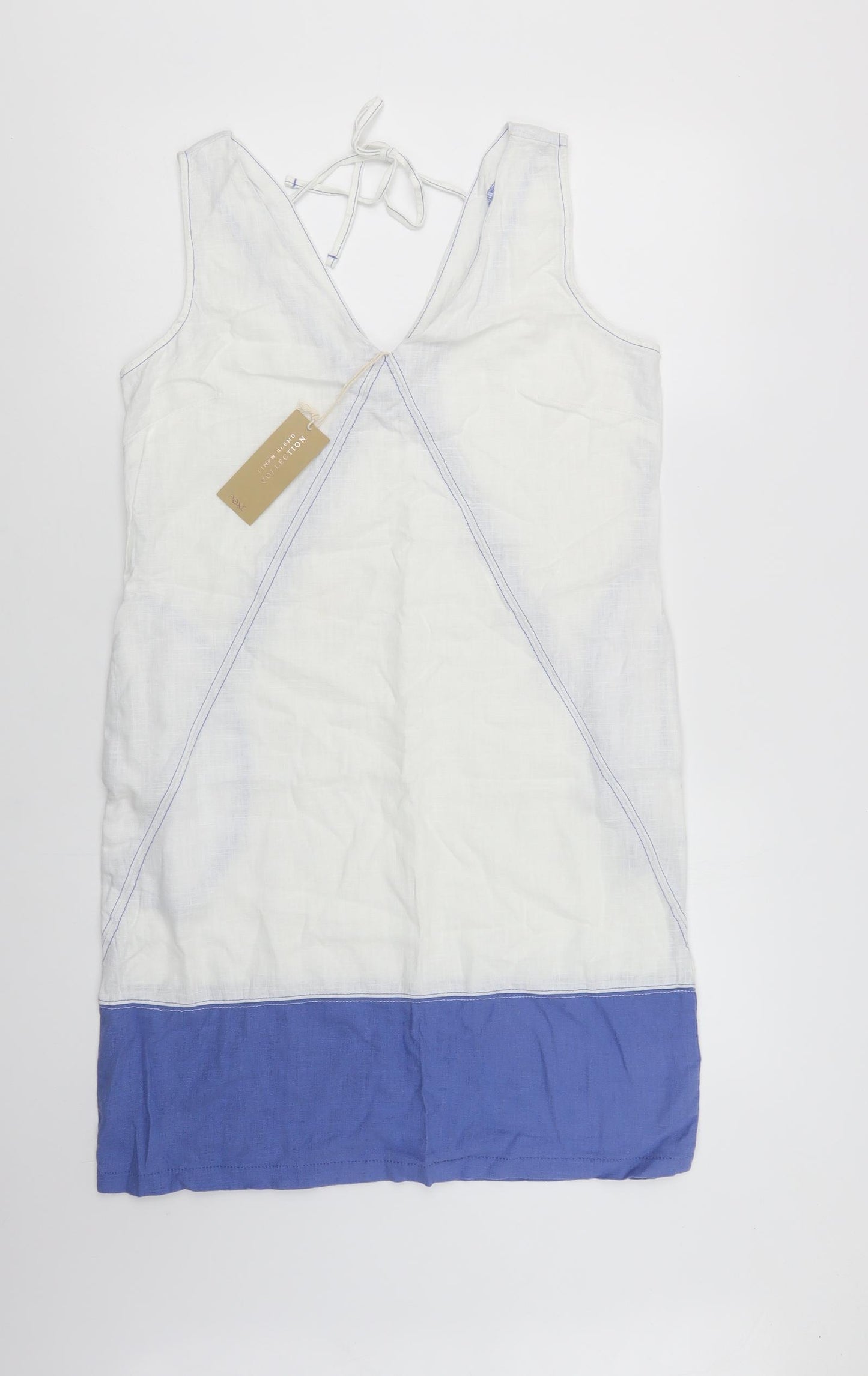 NEXT Womens White Colourblock Linen A-Line  Size 10  V-Neck Tie