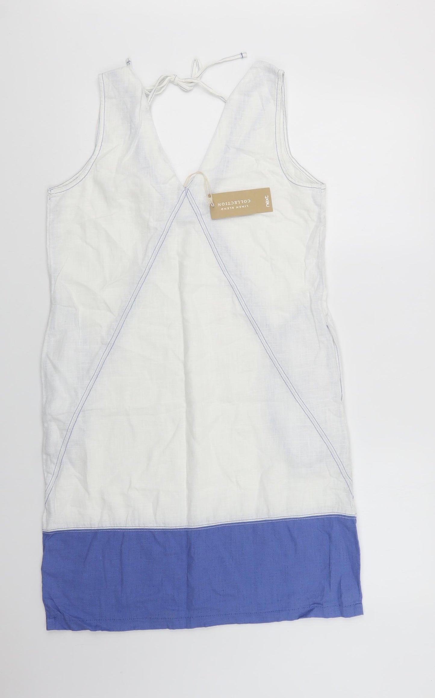 NEXT Womens White Colourblock Linen A-Line  Size 10  V-Neck Tie