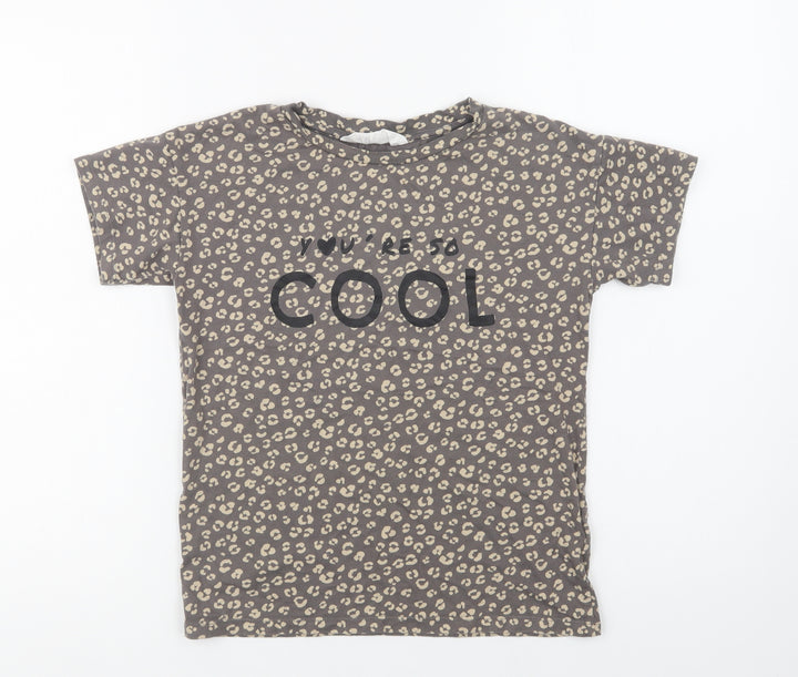 H&M Girls Brown Animal Print Cotton Basic T-Shirt Size 7-8 Years Crew Neck  - Cool