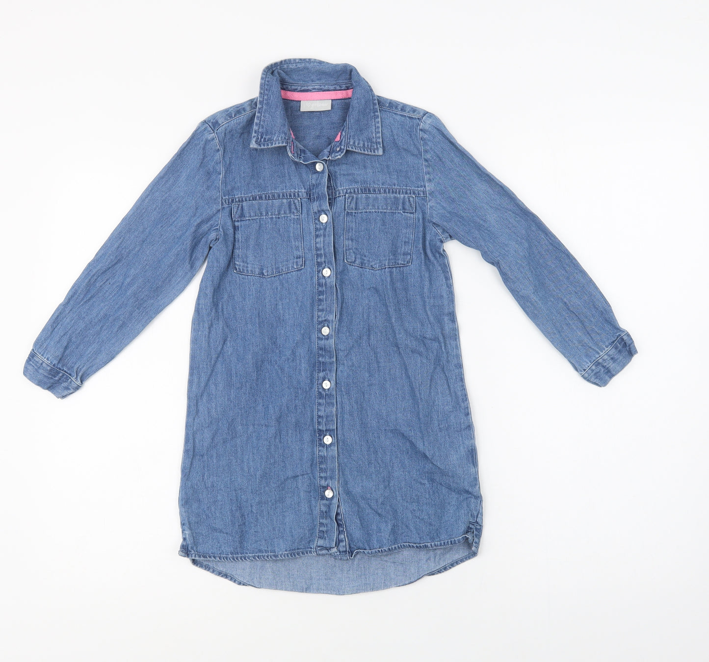 Matalan Girls Blue  Cotton Shirt Dress  Size 7 Years  Collared Button