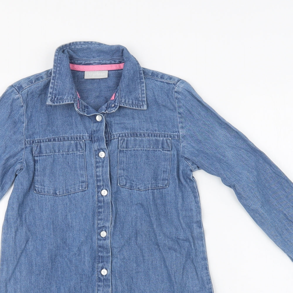 Matalan Girls Blue  Cotton Shirt Dress  Size 7 Years  Collared Button